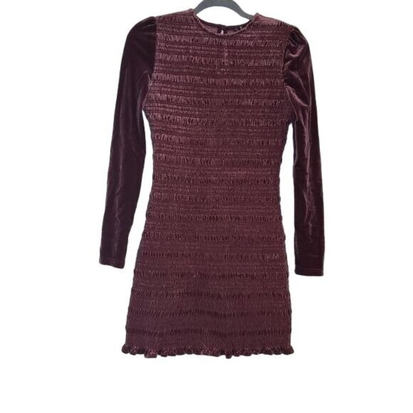 NWT Wine Velvet Smocked Puff Sleeve Mini Dress Size Small - Picture 1 of 9
